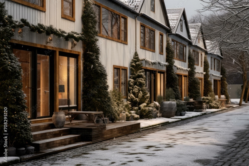 A charming winter street with Danish-inspired rowhouses, adorned with naturalistic lighting, covered in snow. Generative AI.