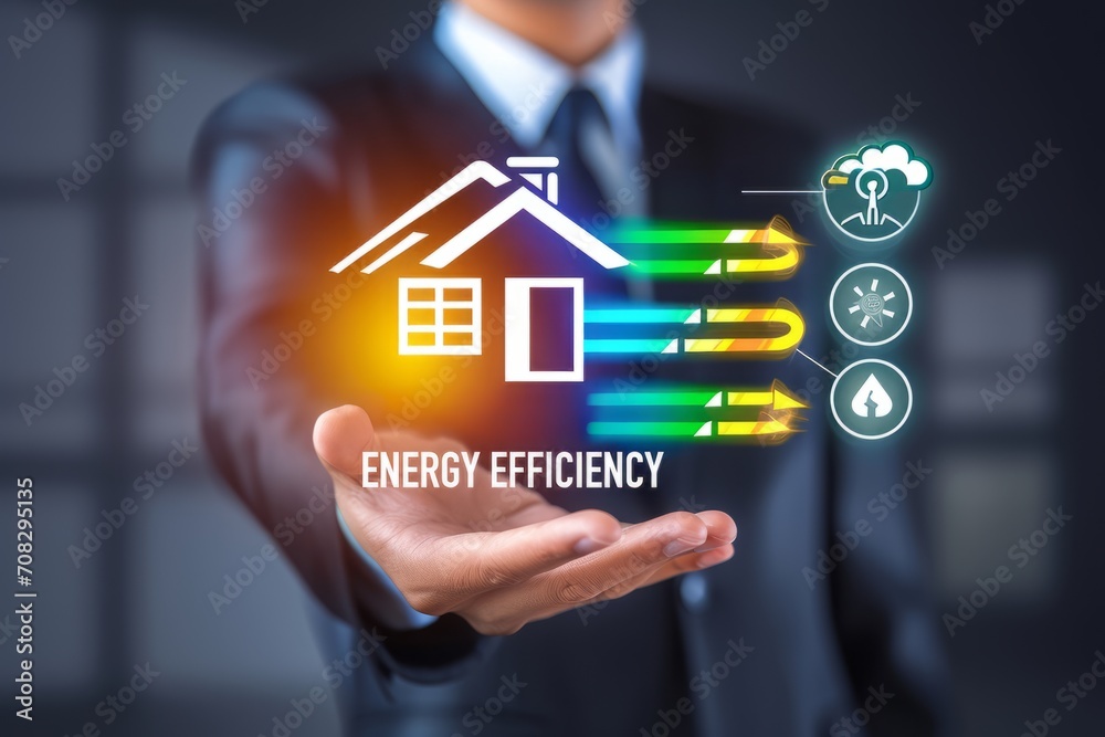 Hand Presenting Energy Efficiency Rating and Sustainable Home.
Hand with colourful energy efficiency chart and house symbol, concept of eco-living. Hand Presenting Energy Efficiency Rating and Sustainable Home.
Hand with colourful energy efficiency chart and house symbol, concept of eco-living.