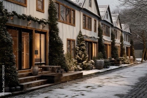 A charming winter street with Danish-inspired rowhouses  adorned with naturalistic lighting  covered in snow. Generative AI.