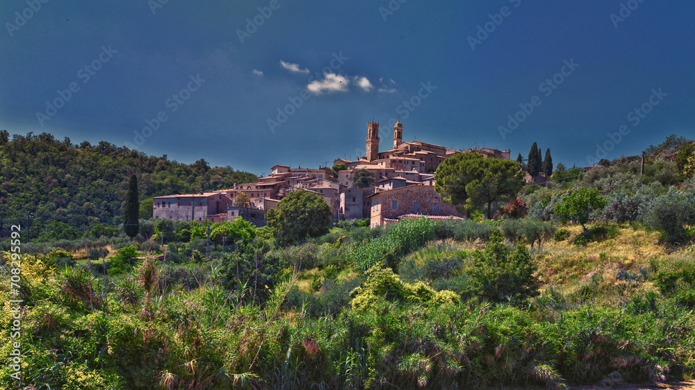 Tuscany rolling hills of and around Scrofiano small rural hill village landscape. Green farm fields. Italy 2023