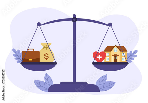 Work and personal life balance concept. Money, house and health on scale in flat design.