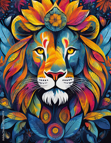lion bright colorful and vibrant poster illustration