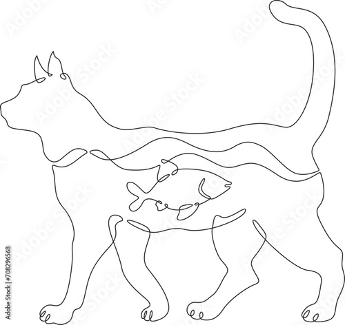 Cat with fish inside. Cat silhouette side view. The fish is swimming. Double exposure. Picture in picture.Continuous one line drawing. Lineart vector illustration.
