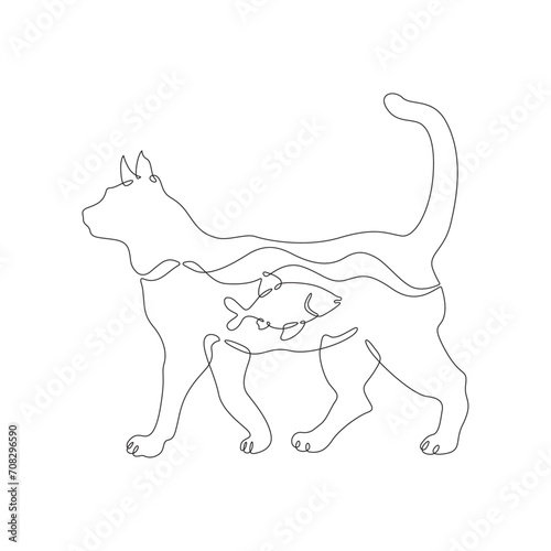 Cat with fish inside. Cat silhouette side view. The fish is swimming. Double exposure. Picture in picture.Continuous one line drawing. Lineart vector illustration.