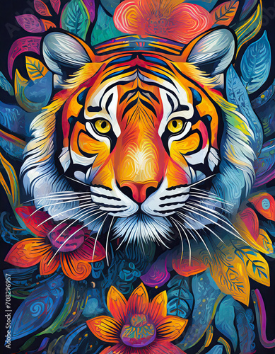 tiger bright colorful and vibrant poster illustration