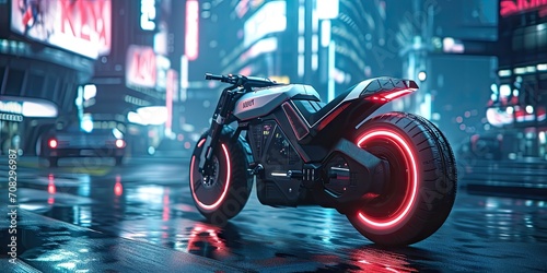 An electric Electric Bicycle driving through a futuristic city at night created with Generative AI Technology © Vehicles Generative