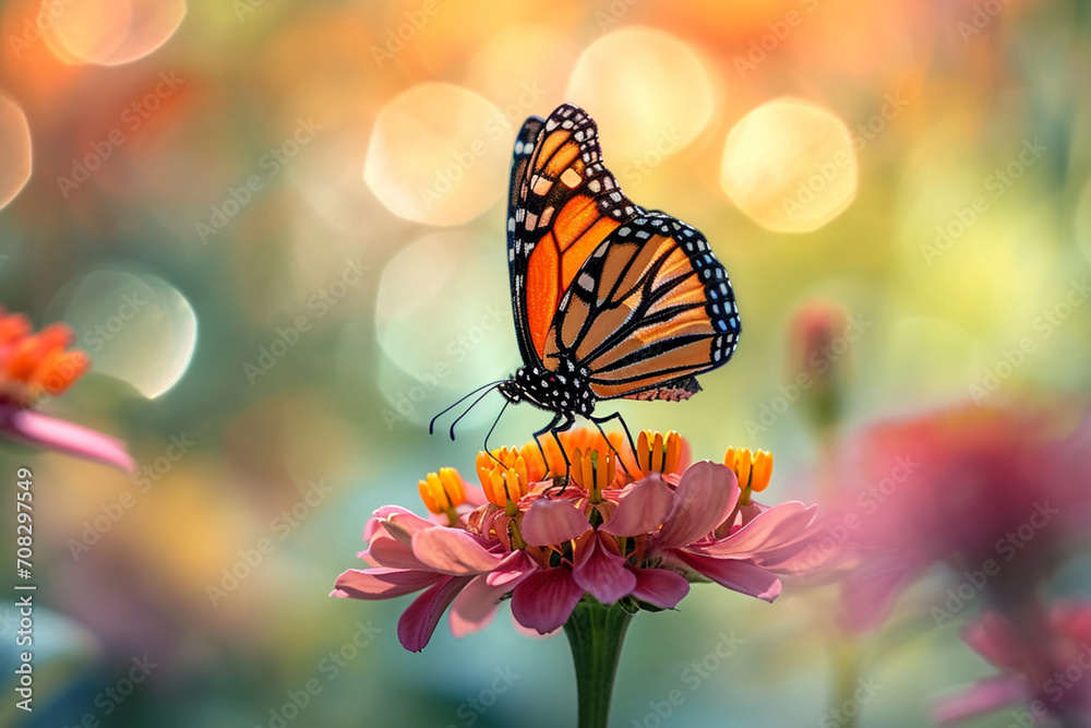 Monarch Butterfly Feeding on Lantana Flowers in Bloom