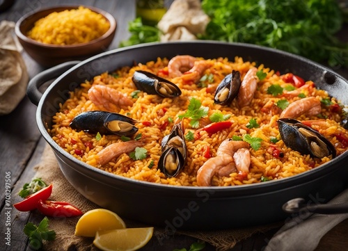 Seafood paella with rice, shrimps and mussels