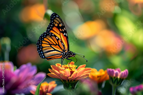 Monarch Butterfly Feeding on Lantana Flowers in Bloom