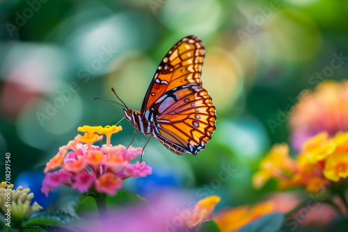 Monarch Butterfly Feeding on Lantana Flowers in Bloom © ItziesDesign