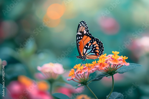 Monarch Butterfly Feeding on Lantana Flowers in Bloom