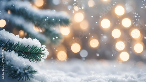 Frosty Christmas backdrop, snowy spruce, bokeh lights, space for greetings © Maham