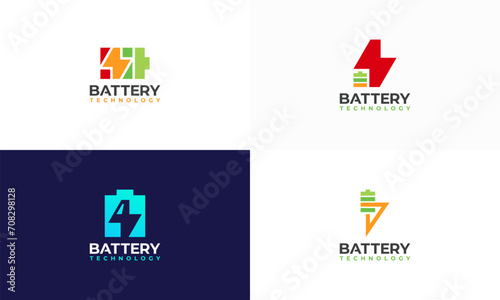 Set of Battery technology logo designs concept vector, Battery with Thunder symbol template icon