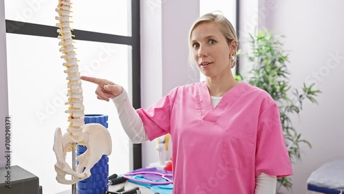 A focused woman, healthcare, professional, examines a spine model in a brightly lit clinic, representing medical, education. photo