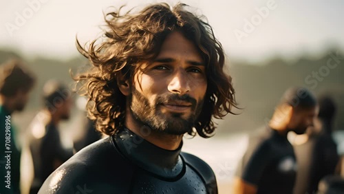 A focused shot of a male Indian surfer standing still in a wetsuit with a completely defocused beach and surfers in the backdrop. photo