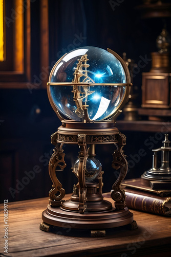 Vintage crystal globe with gears and cogwheels on a dark background