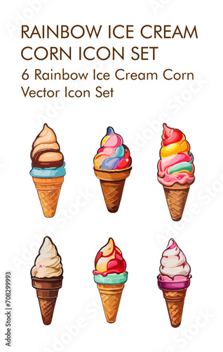 6 Rainbow ice cream corn vector icon set