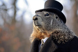Photograph of a sophisticated groundhog dressed up for Groundhog Day, top hat and coat