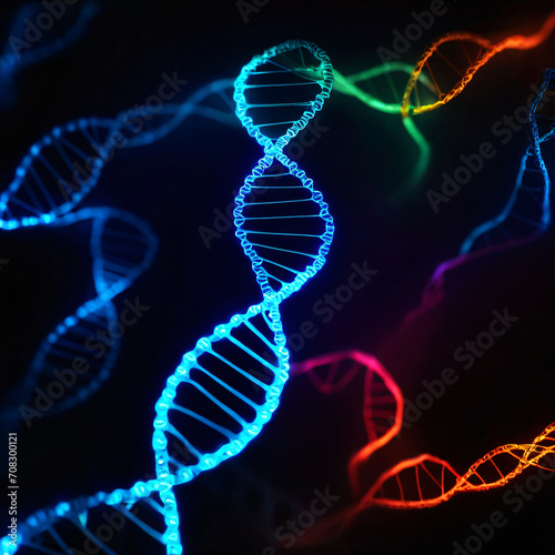 Dna strands glowing in the dark in bright colors macro photograph