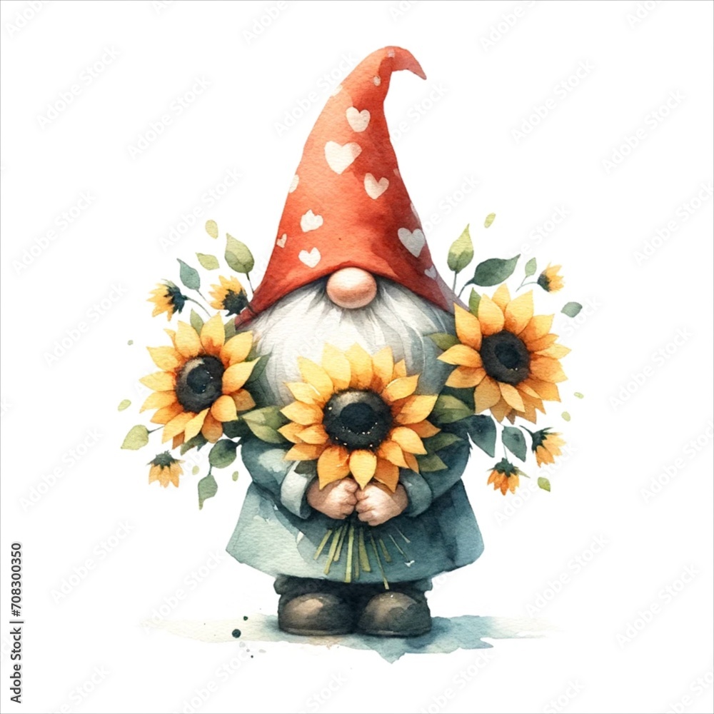 Gnome with hats covering their face, holding a bouquet, watercolor style.