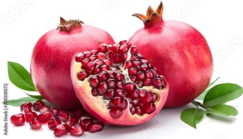 Fruits pomegranate with half and leaves on a white background