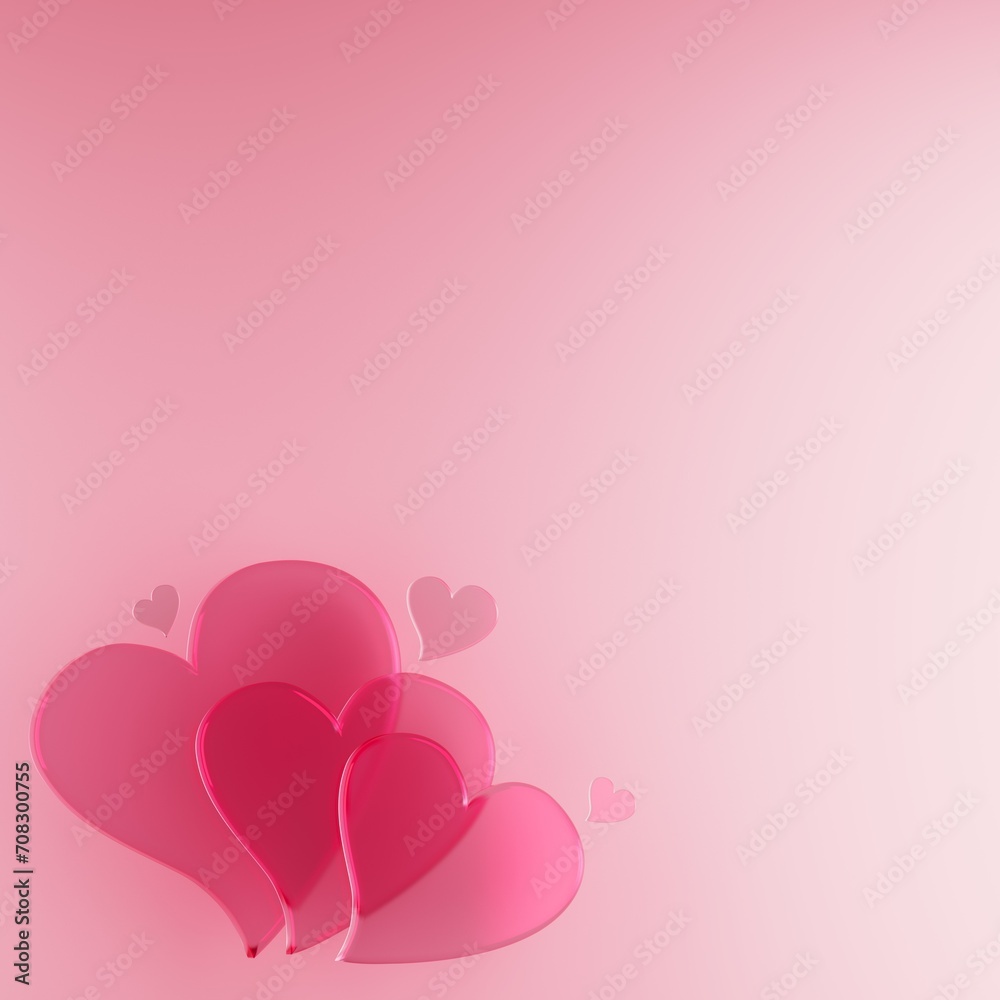 heart 3D render background. pink pastel image. 3D illustration. valentine decoration design. heart-shaped object. minimal display. celebration romantic blank. abstract shiny symbol. copy space bright