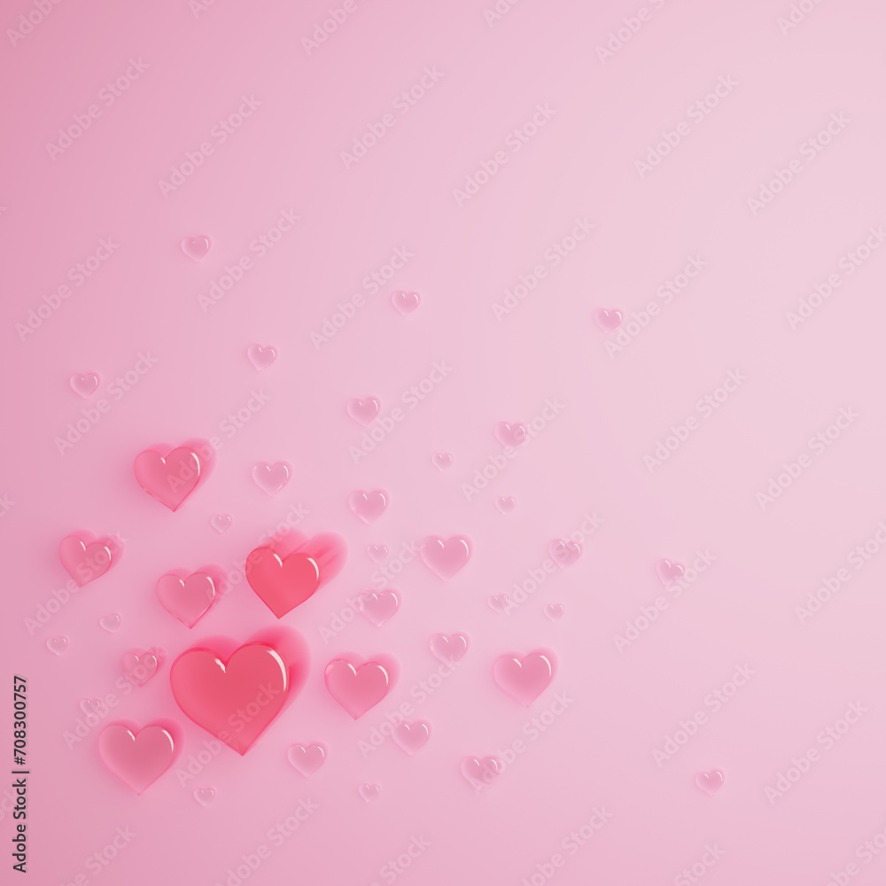 heart 3D render background. pink pastel image. 3D illustration. valentine decoration design. heart-shaped object. minimal display. celebration romantic blank. abstract shiny symbol. copy space bright