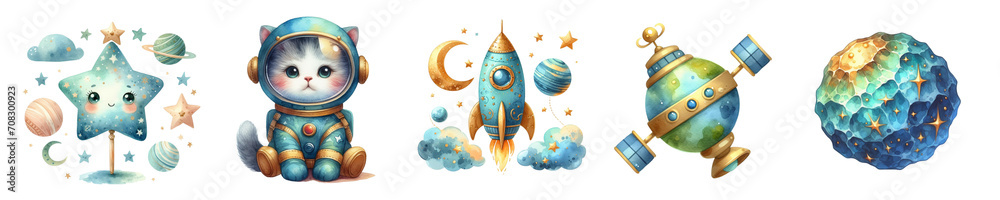 Watercolor cute animals in space on white background.Isolated image.