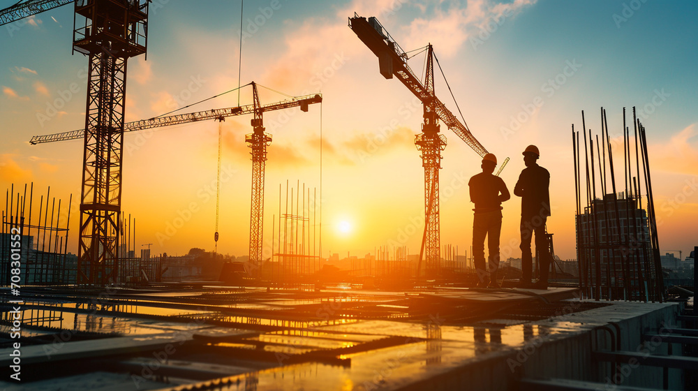 two foreman construction look crane with sunset view