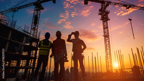 three worker construction with building looking sunset