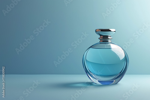 Perfume bottle on pastel blue background