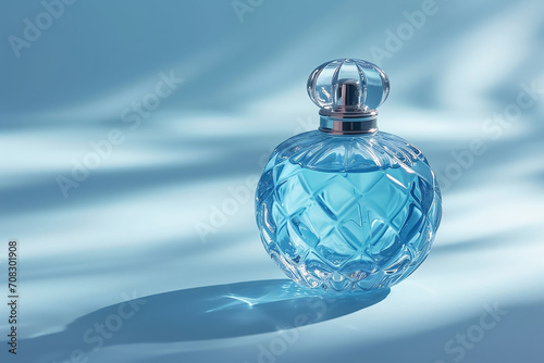 Perfume bottle on pastel blue background