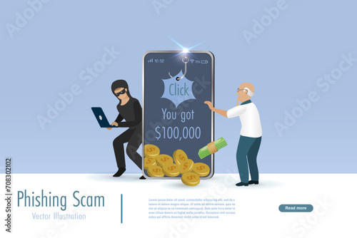 Hacker online phishing, scam fraud link on smartphone at senior man. Idea for digital online cyber crime, hacking, phishing, scaming and financial security concept. photo