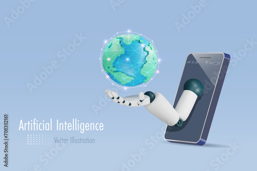 AI robot hand holding world with network connection on smartphone screen. Artificial intelligence robotics and chatbot technology influence in worldwide trends. 3D vector cartoon character.