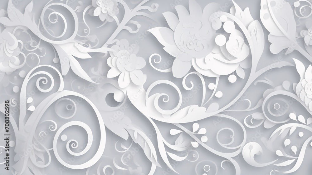 a white background with floral motifs, in the style paper cut art, spirals and curves, light gray and white, vectorial art, in the style flat colors, generative ai a white background with floral motifs, in the style paper cut art, spirals and curves, light gray and white, vectorial art, in the style flat colors, generative ai
