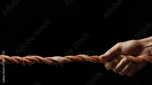 Hand pulling a thick twine rope against a black background. Generative ai photo