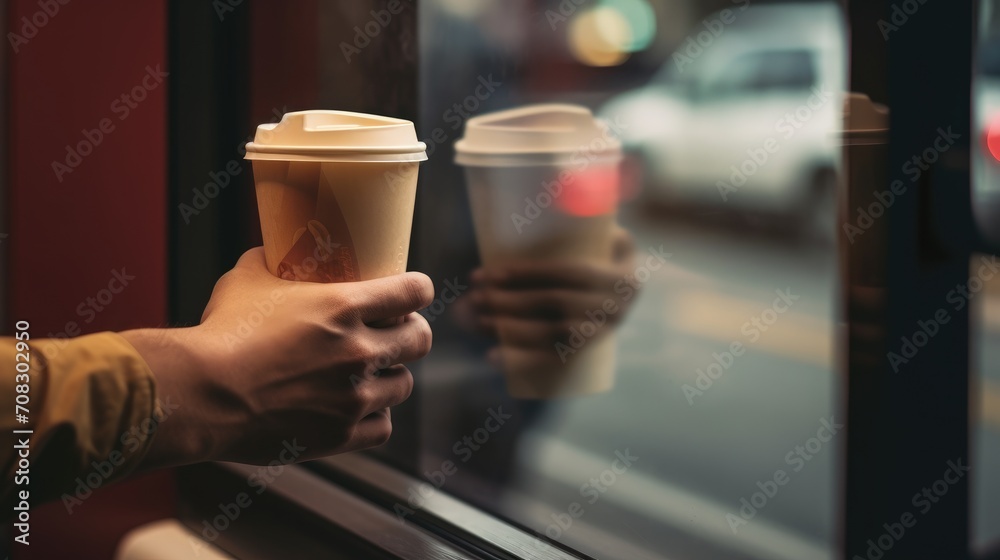 Hand holding a takeaway paper coffee cup container near the coffee shop window reflection. Generative ai Hand holding a takeaway paper coffee cup container near the coffee shop window reflection. Generative ai