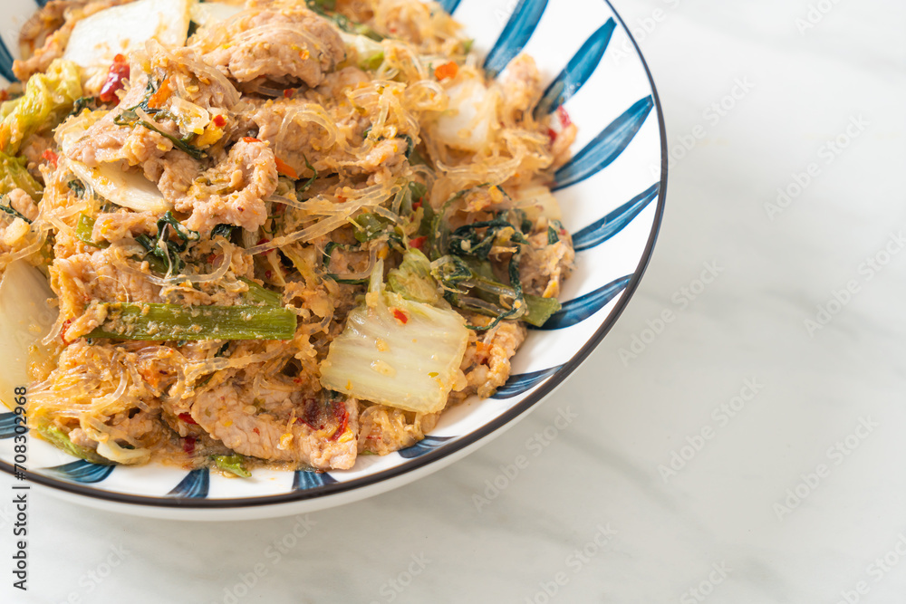 Stir-Fried Thai Styled Sukiyaki or Stir-fried vermicelli with pork and vegetables in sukiyaki sauce Stir-Fried Thai Styled Sukiyaki or Stir-fried vermicelli with pork and vegetables in sukiyaki sauce