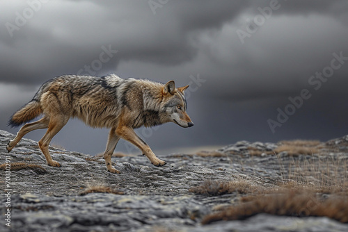 Solitary Wolf Prowling in Foreboding Stormy Weather