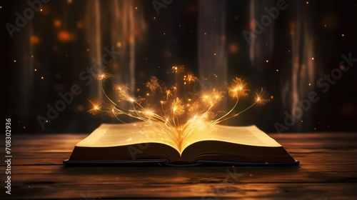 Open magic book glowing sparkles. Generative ai