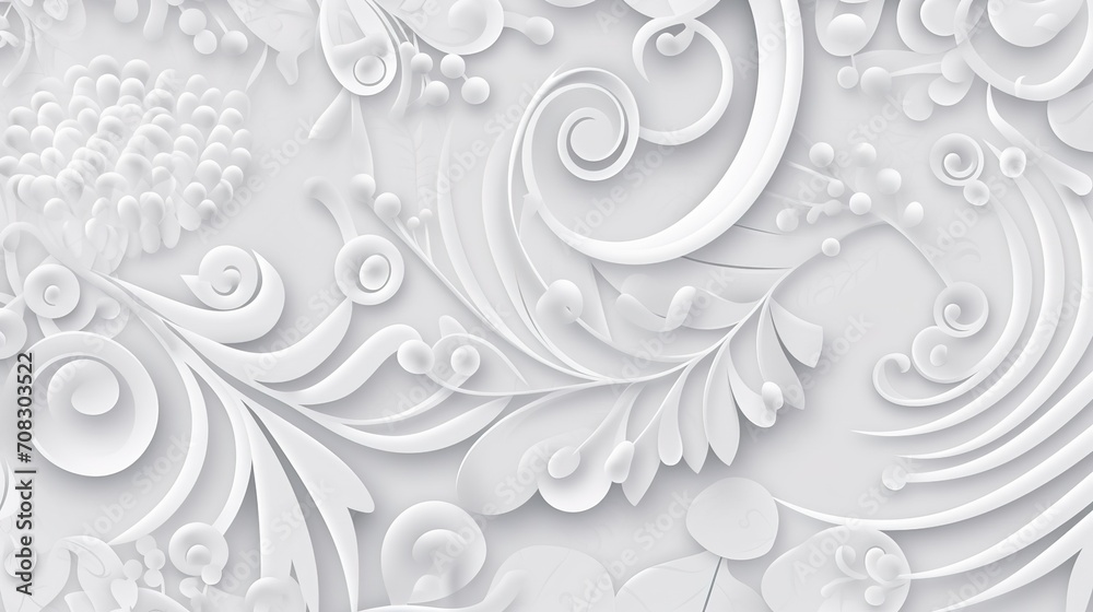 a white background with floral motifs, in the style paper cut art, spirals and curves, light gray and white, vectorial art, in the style flat colors, generative ai - obrazy, fototapety, plakaty 