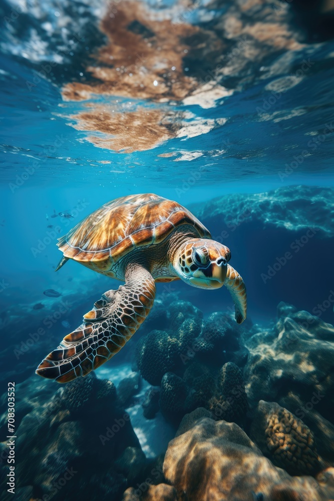 Obraz premium Sea turtle swimming underwater. Generative ai