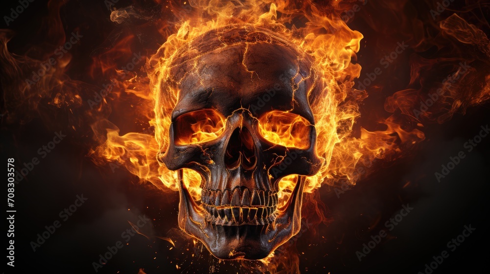 Burning human skull in the fire. Generative ai Burning human skull in the fire. Generative ai