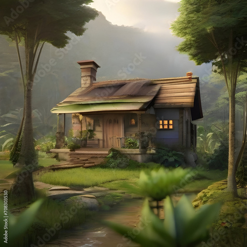 wooden house in the garden with morning ligh