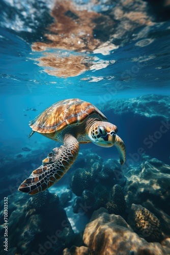 Sea turtle swimming underwater. Generative ai