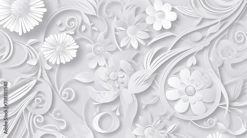 a white background with floral motifs, in the style paper cut art, spirals and curves, light gray and white, vectorial art, in the style flat colors, generative ai