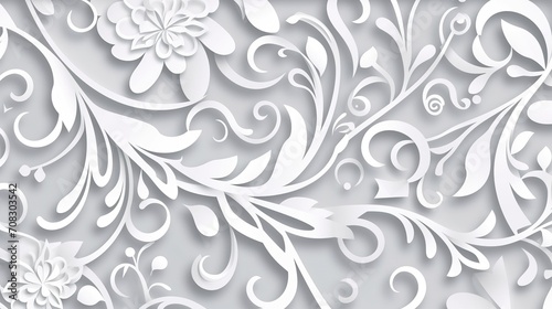 a white background with floral motifs, in the style paper cut art, spirals and curves, light gray and white, vectorial art, in the style flat colors, generative ai