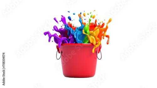 Holi colorful spalsh with bucket full of colors, Isolated on transparent PNG background, Generative ai photo