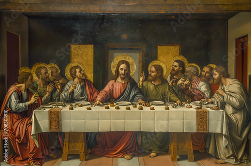 Illustration of Jesus Christ and apostles at the last supper photo