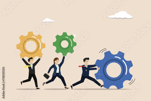 Business organization, cooperation or community concept, teamwork to help success mission, businessman and woman people holding cogwheels gear to build organization.